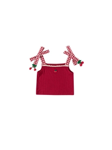Sweet burgundy ribbed girl's tank top with cherry embroidery and gingham bow straps