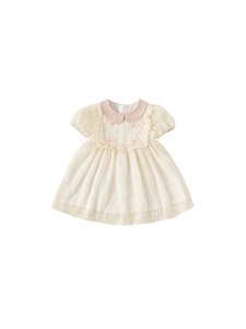 Sweet pink bow girls princess dress with Swiss dot fabric and Peter Pan collar
