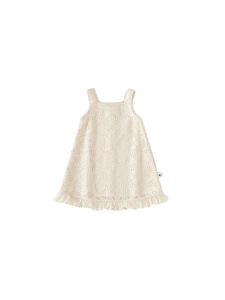 Creamy white sleeveless cotton crochet dress for girls with hollow floral knit patterns