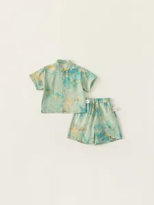Kids Chinese Style Hanfu Set Traditional Printed Landscape Pattern Short Sleeve Top And Shorts Tang Suit Two Piece Outfit