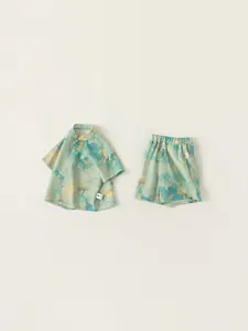 Boys traditional Chinese style two-piece set with green mountain print and frog buttons