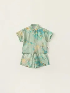 Kids Chinese style summer outfit with traditional mountain prints and frog closures