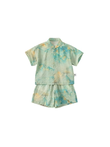 Kids Chinese style two-piece summer suit with landscape print and frog buttons