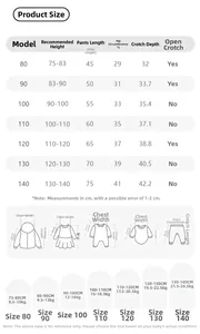 Detailed size chart for girls' denim overalls showing measurements for heights 80cm to 140cm