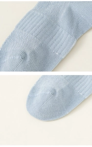 Dettagli macro di calze in maglia traspirante azzurra con cuciture rinforzate su tallone e punta