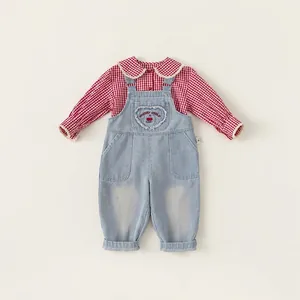 Girls denim overalls with cherry embroidery and red plaid shirt two-piece set for spring