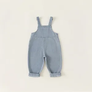 Light blue denim overall pants for kids with casual wide leg and cuffed hem design