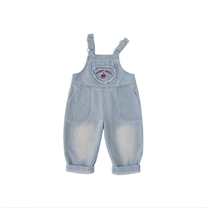 Girls light blue denim overalls with heart patch and cherry child embroidery pattern