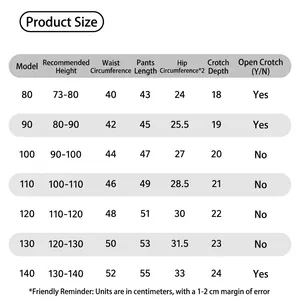 Detailed product size chart for girls ribbed leggings showing measurements from 80 to 140