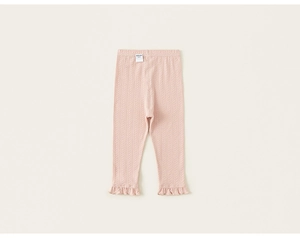 Close-up of pink knit girl's leggings with vertical cable texture and ruffle hem detail