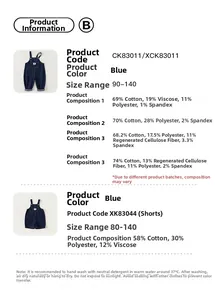 Size chart and fabric details for kids denim overalls showing cotton blend material specs