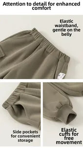 Detail view of olive green kids jogger pants with elastic waist and ribbed cuffs