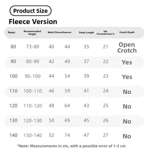 Size chart for children's casual joggers showing height and length in centimeters
