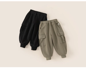 Detail of children's fleece cargo joggers showing elastic waist and large side pockets
