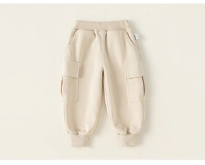 Detail view of cotton kids cargo joggers with ribbed waistband and side pockets