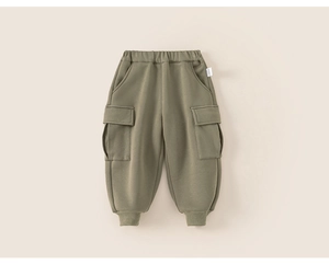 Detailed flat lay of army green cargo jogger pants featuring elastic waist and side pockets