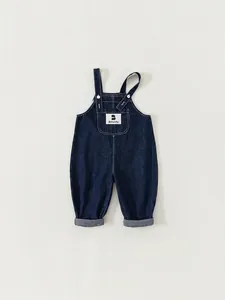 Kids Denim Overalls Solid Color Cotton Suspender Bib Pants Casual Toddler Jumpsuit Dark Blue Soft Denim Trousers For Boys Girls