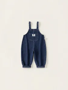 Classic dark blue denim overalls for toddlers with adjustable straps and front pocket detail
