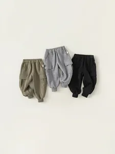 Kids Cargo Jogger Pants Solid Color Cotton Knit Trousers With Elastic Waist And Pockets Casual Sports Pants For Boys Girls