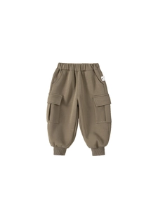 Olive green kids cargo joggers with elastic waist and side flap pockets for boys
