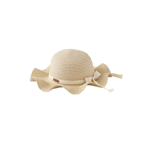 Cappello da sole in paglia per bambina con tesa ondulata e fiocco beige estivo