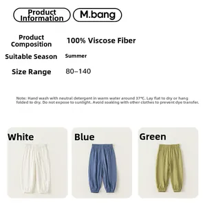 Detail showing 100% viscose breathable summer mosquito pants in white, blue and green colors