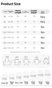 Size chart for kids summer mosquito pants showing length and waist across 80-140 sizes