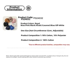 Detailed size chart and multi-color specifications for the children's cotton baseball cap