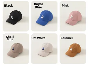 Detailed grid view of six colored cotton baseball caps featuring a stitched letter R emblem