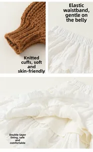 Detail of brown chunky knit cuffs and white lace skirt with elastic waistband and double lining