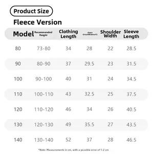 Tabella taglie dettagliata per maglie a manica lunga per bambini da 80 cm a 140 cm