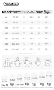Tabella taglie dettagliata per t-shirt a maniche lunghe in cotone per bambini con misure