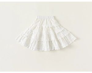 Detail of white cotton eyelet lace tiers and elastic waistband on girls skirt