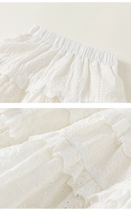 Detailed close-up of white girls cotton shorts with elastic waist and eyelet lace ruffles