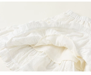 Close-up of white lace girls' skirt with floral embroidery and soft cotton lining detail