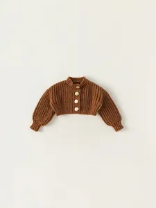 Girls Knitted Cardigan Sweater Korean Style Brown Single Breasted Solid Color Warm Knit Top For Kids Girls Spring Autumn