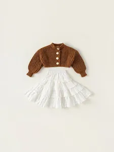 Girls' caramel knit cardigan with gold buttons and white tiered cake skirt outfit set