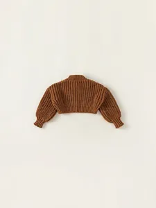 Girl's brown chunky knit short cardigan sweater with ribbed texture and bishop sleeves