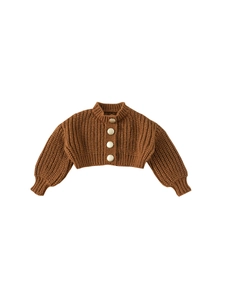 Brown chunky knit cardigan for girls with large white buttons and lantern sleeves