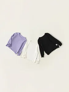 Maglietta a Costine da Ragazza Manica Lunga in Viscosa Comoda Bordo Ondulato Girocollo per Bambini Abbigliamento Quotidiano