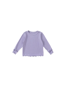 T-shirt a maniche lunghe da bambina in cotone a coste lilla con bordi a volant