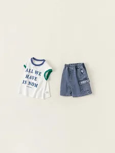 Boys summer outfit with white letter tank top and blue denim shorts set for kids