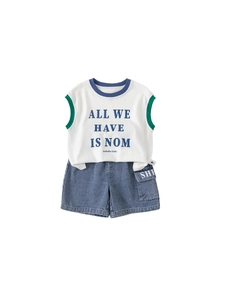Kids casual summer outfit with white letter print tank top and blue denim shorts