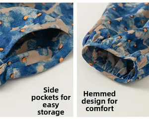 Détails des poches latérales et de l'ourlet du pantalon à fleurs bleu et jaune