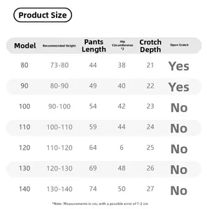 Tableau des tailles pour pantalons enfants indiquant taille, longueur et hanches
