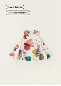 Detail of child sleeveless cotton dress with cartoon princess and flower prints