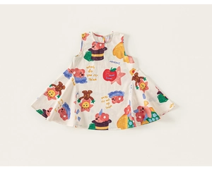Close-up of lightweight cotton sleeveless dress with colorful cartoon graffiti prints