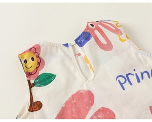 Close-up of white cotton dress neck with water drop opening and cartoon flower print