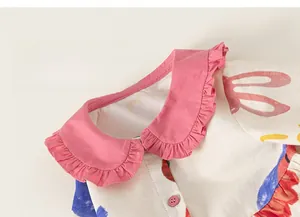 Detailed view of pink ruffle collar and cute cartoon rabbit print on girls cotton dress