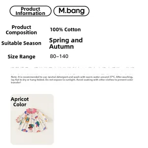 Detail view showing 100% cotton fabric specs and washing guide for girls apricot dress